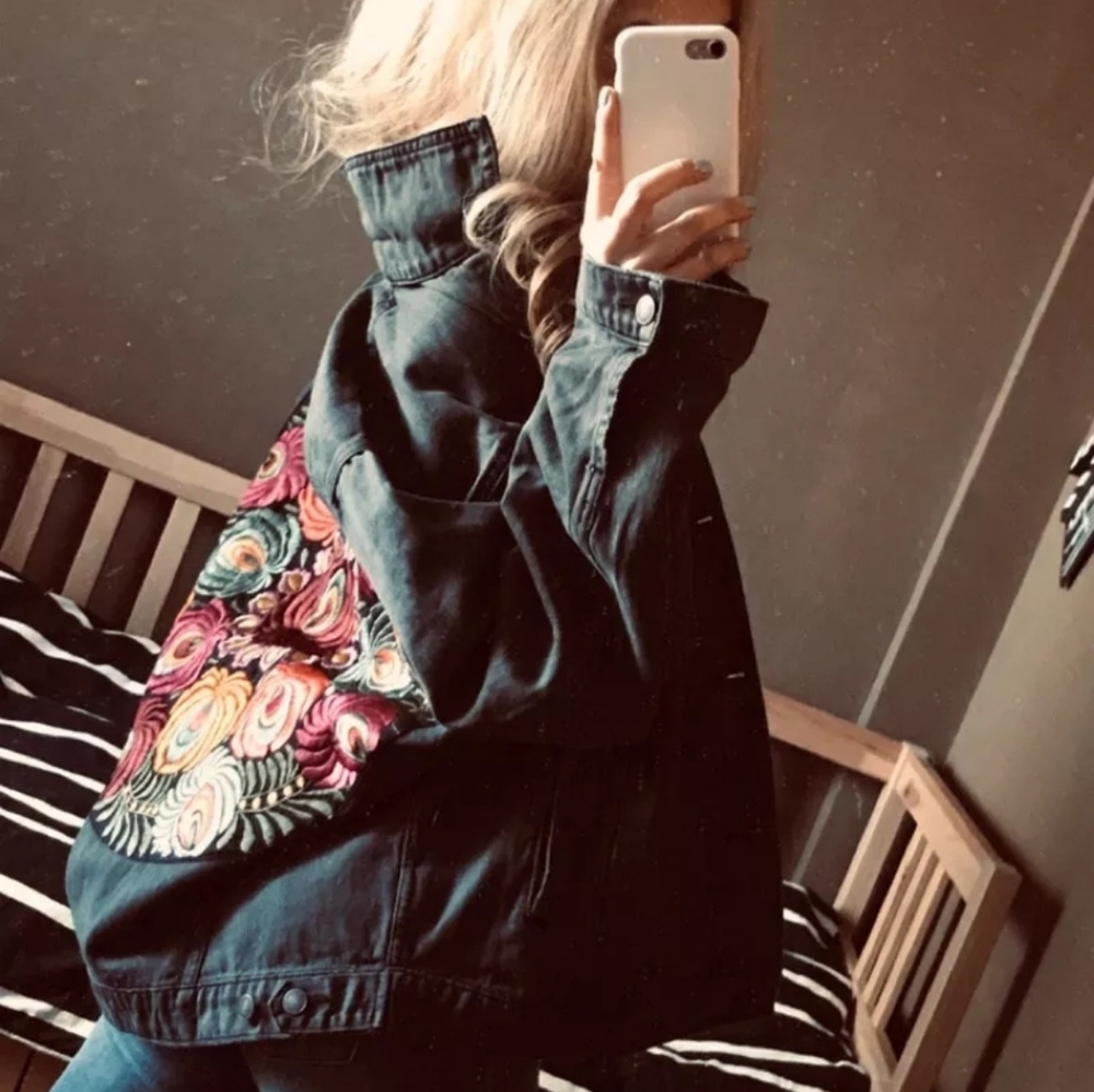 New Boho Embroidered Patch Denim Jean Jacket Oversized Coat Black - Picture 10 of 12